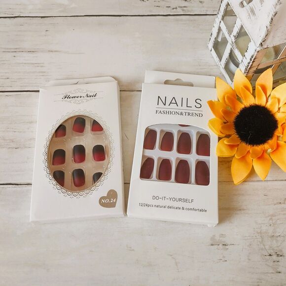 NEW (2) Press On Nails Red & Black Matte Finish 24 Nails w/Nail File - Picture 1 of 3